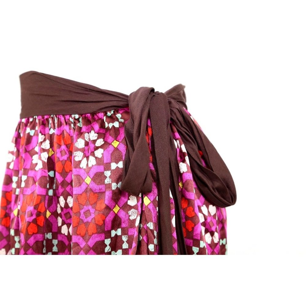 A Common Thread Brown Fuchsia Purple Red Silk Bead Tie Waist Skirt P XS $249 - Picture 7 of 9